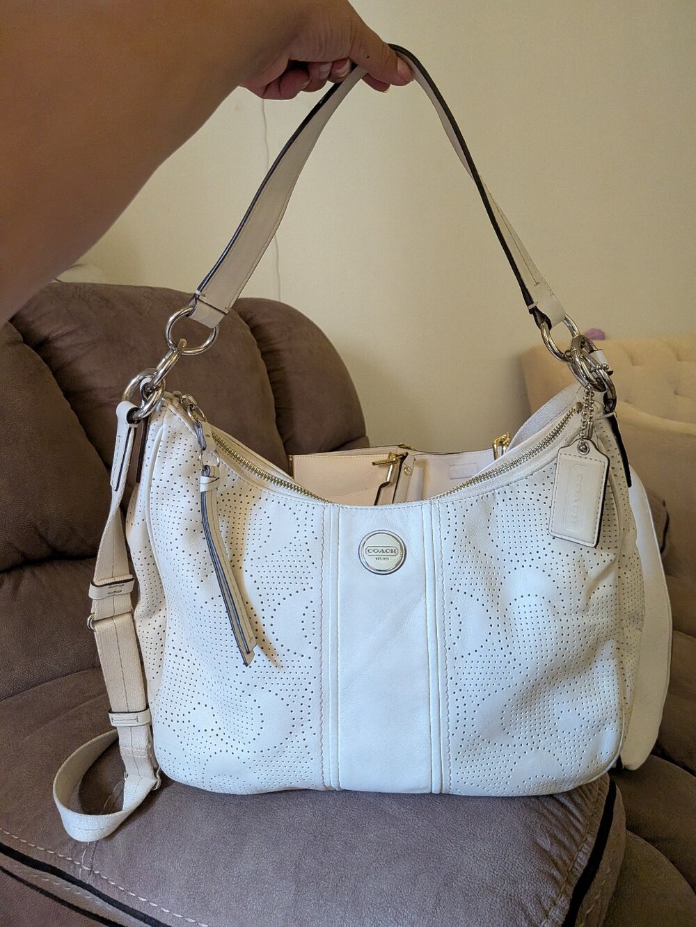 Coach Cream Perforated Leather Shoulder Bag